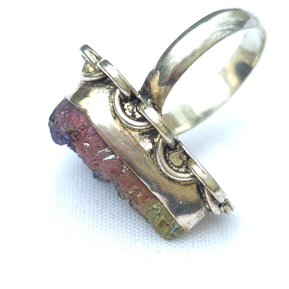 Sterling Silver Peacock Druzy Ring Size 7 Artisan Rainbow Crystal Statement Ring - Picture 5 of 9